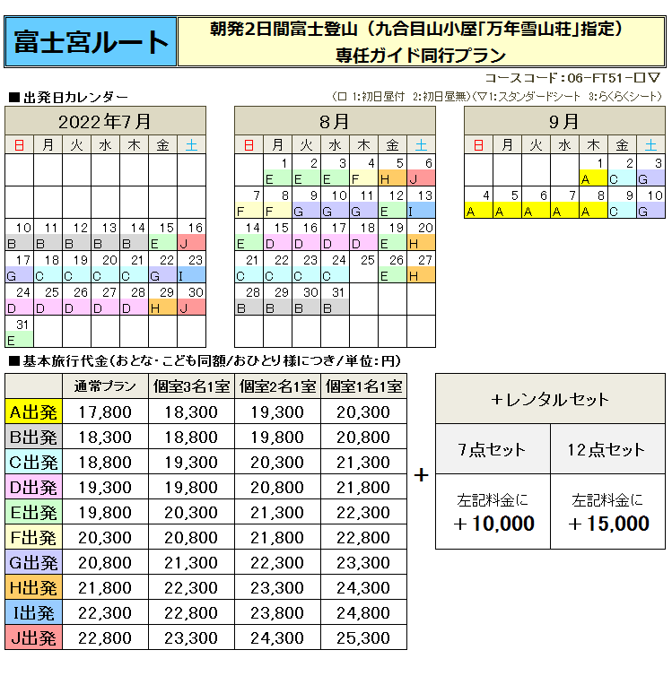 「万年雪山荘」確約・朝発２日間登山富士宮ルート・ガイド同行・３食付プラン料金