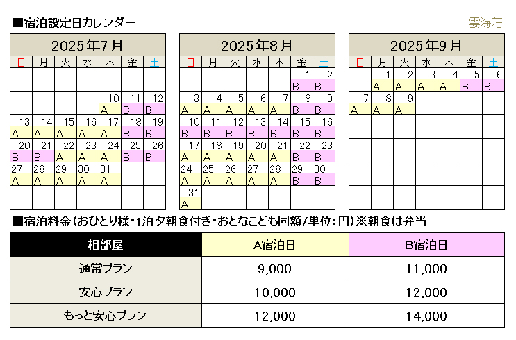 山小屋料金･オプション料金