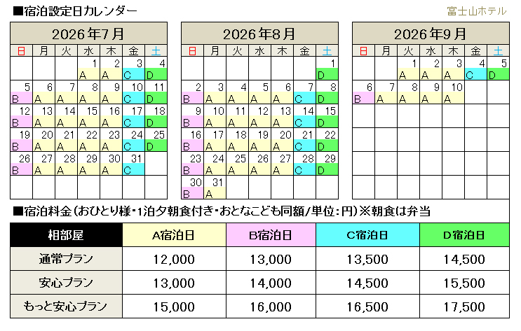 山小屋料金･オプション料金