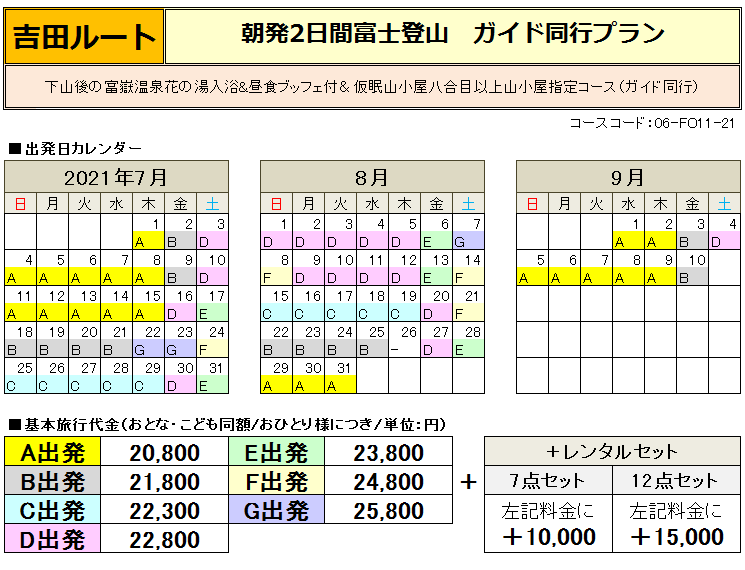 関西朝発2日間吉田ルート登山ガイド同行コース料金