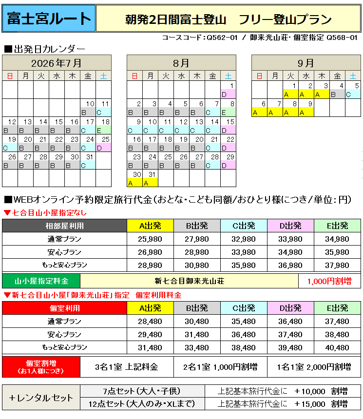 関西朝発2日間富士宮ルート登山フリープラン料金